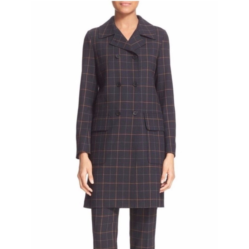 Theory Alba Tile Check Navy Windowpane Double-Breasted Trench Coat